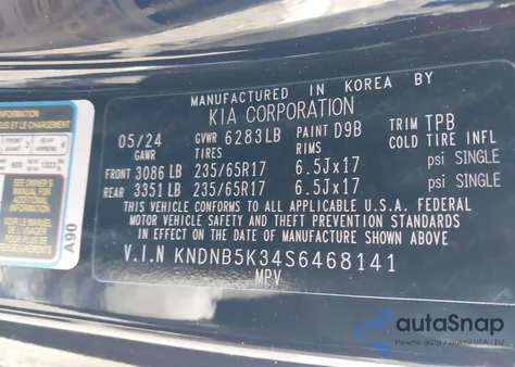 2025 Kia Carnival Mpv Lxs z USA, uszkodzony, nr VIN KNDNB5K34S6468141